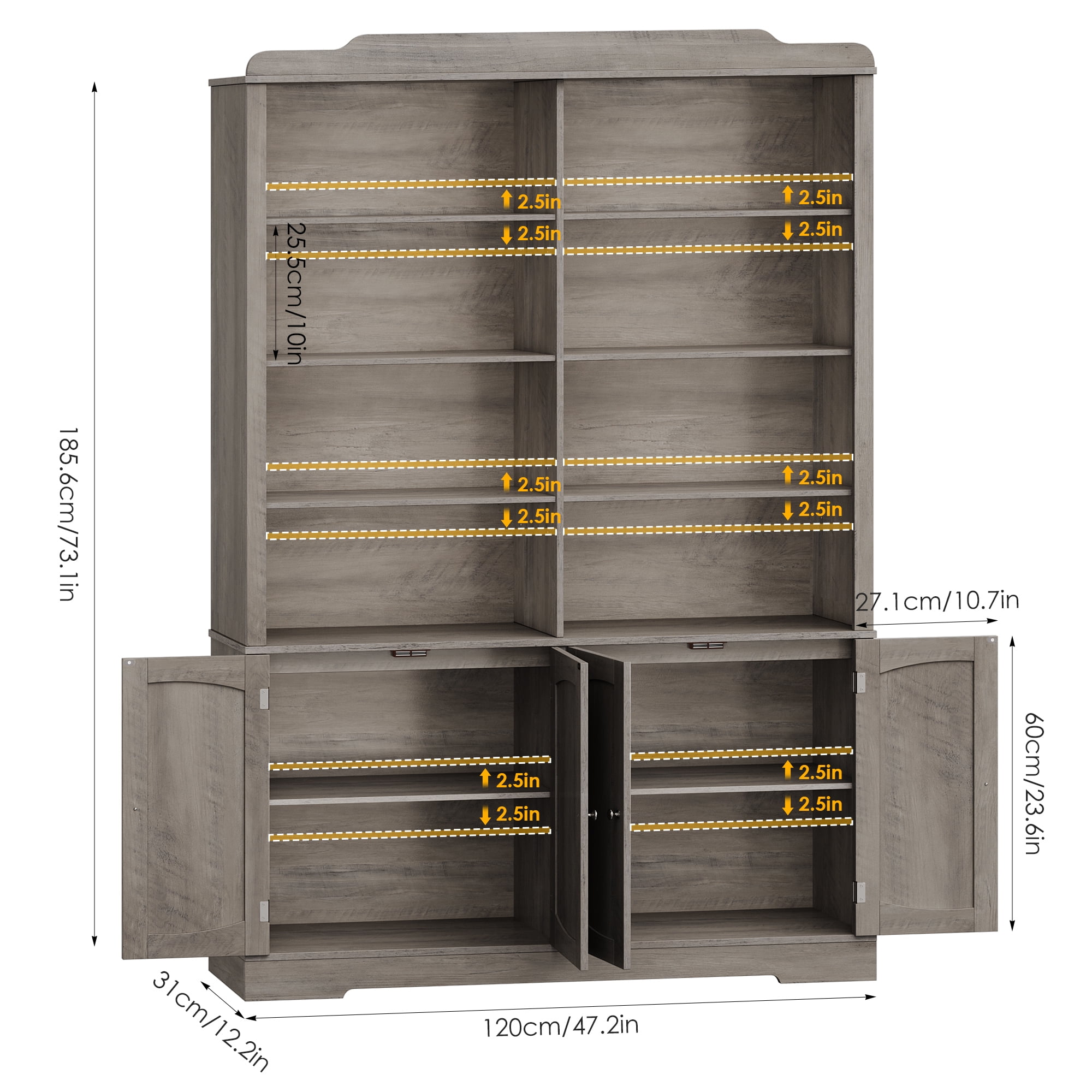 Homfa 73'' Tall Bookcase with 4 Doors, 6-Tier 8 Cubes Display Bookshelf, Double Row Bookcase with Adjustable Shelves for Living Room Home Office, Gray