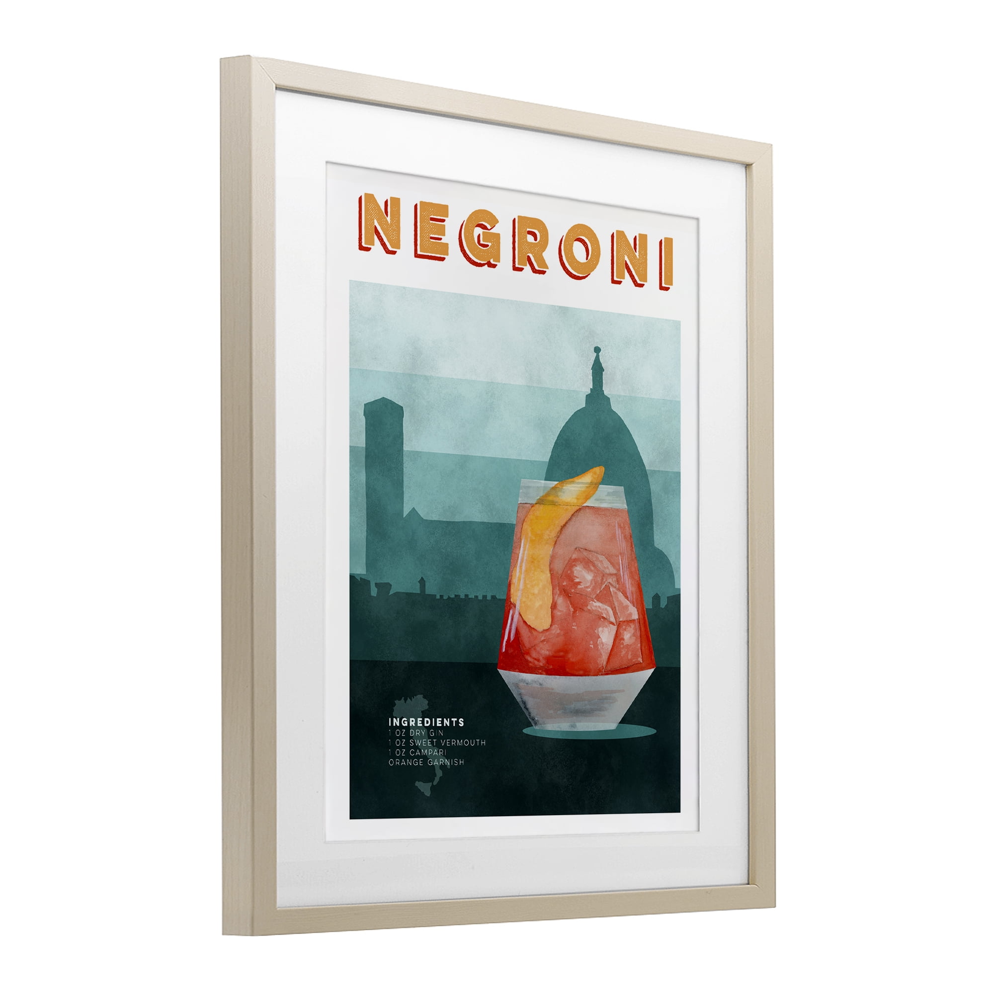 Retro Negroni & Architecture Birch Framed Print Under Glass, design by Brett Blumenthal