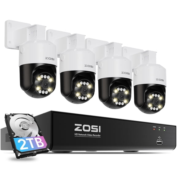 Pan Till 4K PoE Security Camera System with Two Way Audio, ZOSI 4pcs 5MP PTZ POE Security Camera with AI Face Person Vehicle Detection, 5X Digital Zoom, 8MP POE NVR with 2TB HDD for 24/7 Recording