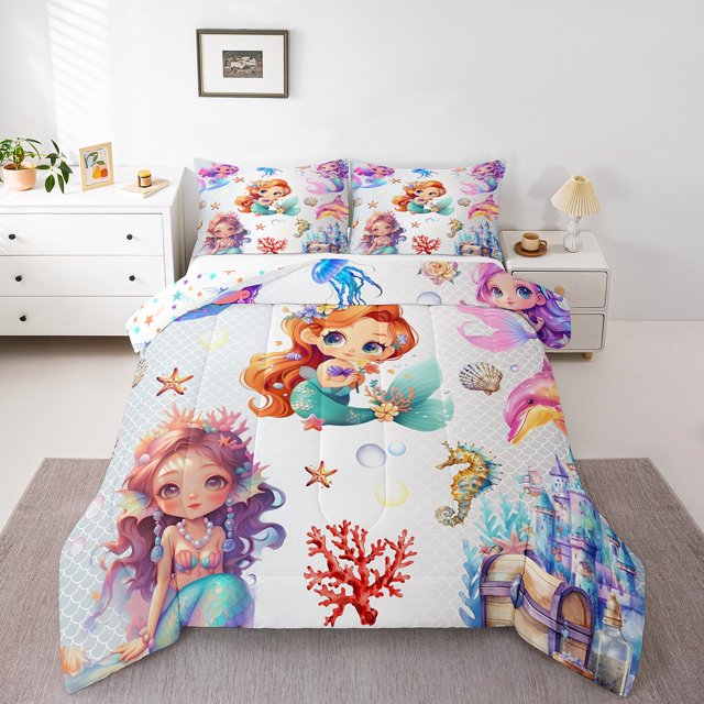 Erosebridal Princess Mermaid Bedding King Comforter Set,Marine Castle Bedding Sets King with Comforter,Microfiber Reversible Comforter Sets King Size,Sealife Decor