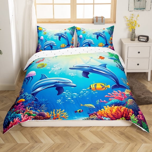 Erosebridal Marine Dolphin Comforter Cover Twin,Ocean Wildlife Bedding Twin Size,Marine Decoration,Reversible,2-Piece(No Comforter)