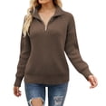 thumbnail image 1 of Gibobby Sueter para mujer invierno punto Suéter de manga larga con media cremallera para mujer, suéter de punto con cuello de solapa a rayas de color(Café,M), 1 of 5