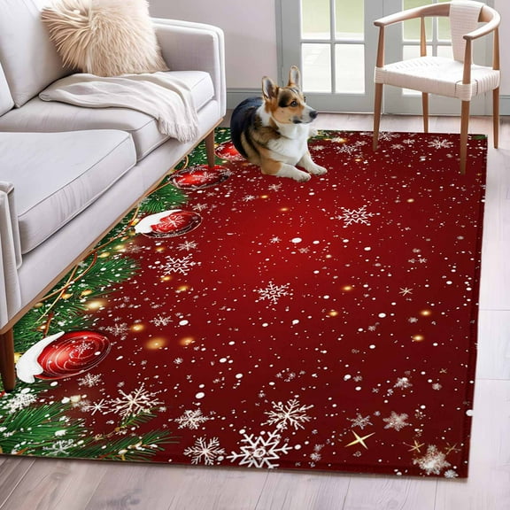 Red Christmas Area Rug 4x6 Washable Rug Non Slip Winter Xmas Balls Snowflake Pine Branches Large Area Rug Indoor Floor Carpet for Entryway Bedroom Kitchen Living Room Home Office Dining Room Nursery