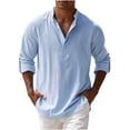 thumbnail image 2 of WXLWZYWL Mens Henley Shirt Mandarin Collar Half Button Long Sleeve Shirt Roll Up Cuffs Curved Bottom Hem Loose Fit Casual Resort Daily Everyday Wear Light Tops, 2 of 6