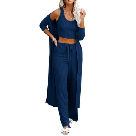 

Fueri Womens Pajamas Set Fall 3 Piece Loungewear Set Crop Vest Top Loose Pants and Cardigan Knitwear Jumpsuit Warm