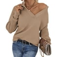 thumbnail image 1 of Suéter de punto con cuello en V y cuello de solapa para mujer, suéter de Color puro con manga larga acampanada, para otoño e invierno, color tostado claro S, 1 of 6