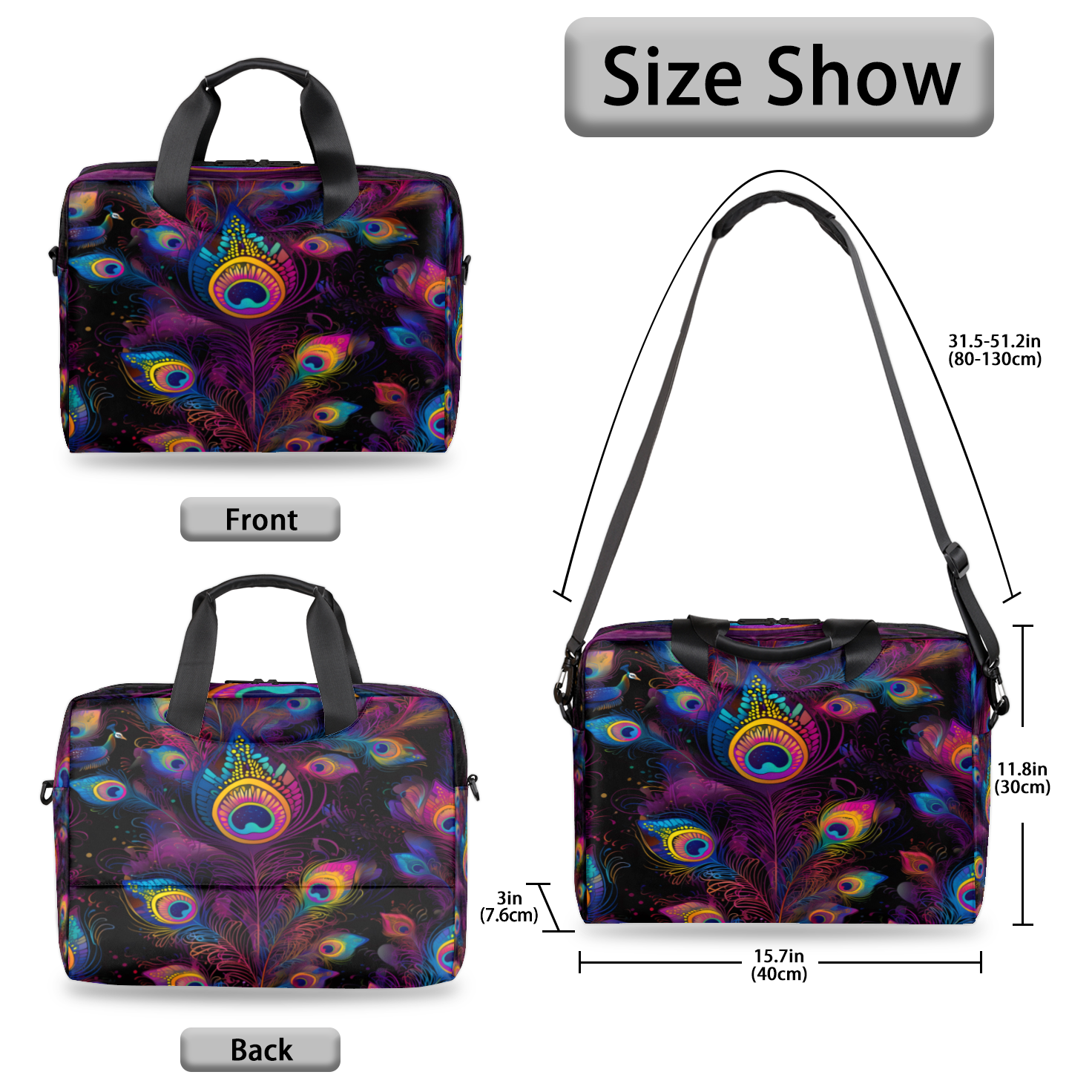Herdesigns Watercolor Peacock Feather Laptop Bag for Women Men, Computer Case Briefcase Messenger Bags, 15-15.6 inch Laptop Sleeve Shoulder Bag