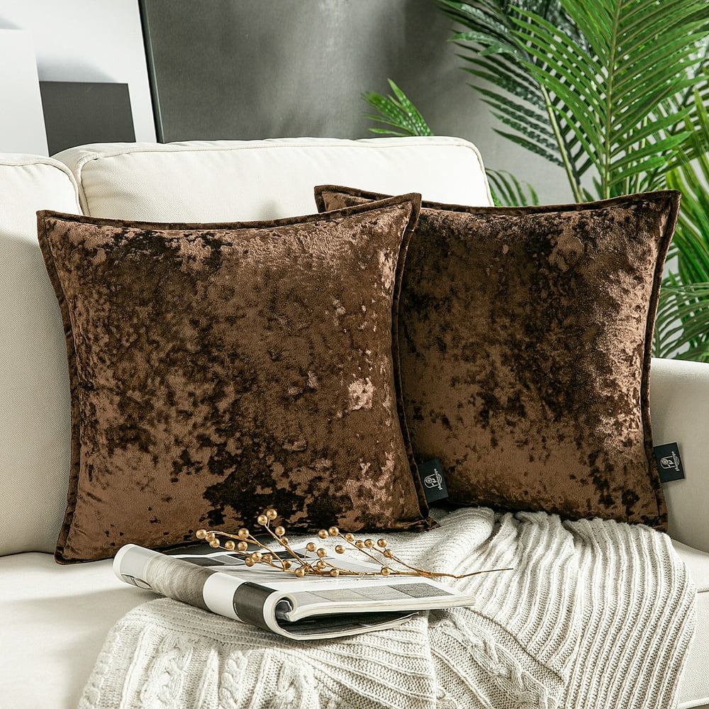 Phantoscope Shiny Crushed Velvet with Trim Series Decorative Throw Pillow, 18" x 18", Dark Brown