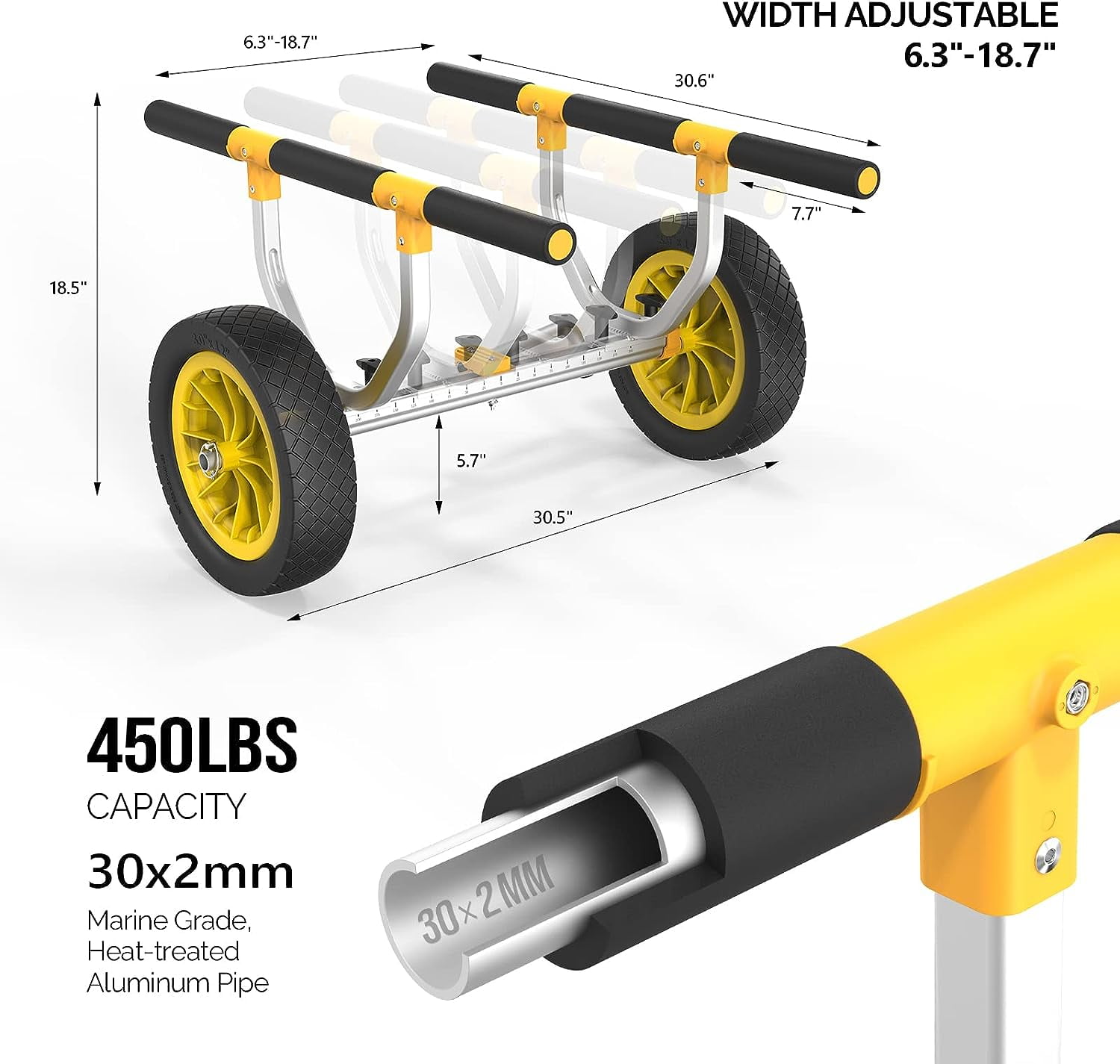 Bonnlo Heavy Duty Universal Kayak Trailer Adjustable Width 6.3"-18.7" Canoe Cart