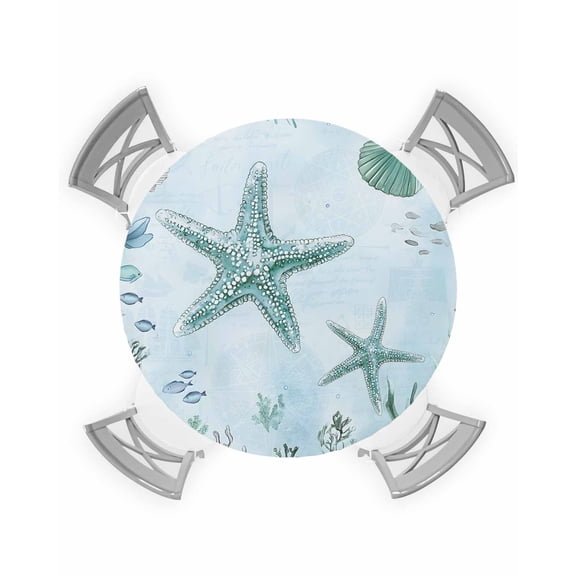nqOlkjepod Coastal Starfish Round Tablecloth, Fitted Table Cover with Elastic for 36"-44" Round Tables, Nautical Coral Tropical Fish Seashells Table Cloth Dinning Party Waterproof Tablecloths