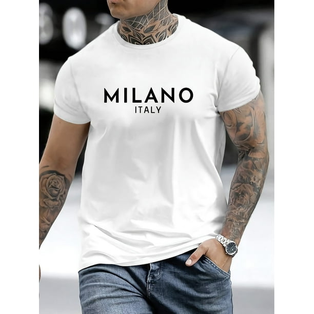 Men'S Milano Italy Print T-Shirt, Casual Crew Neck Short Sleeve Tee, 95% Polyester 5% Elastane, Slight Stretch Knit Fabric, Regular Fit, Summer Top for Adults - 180gsm