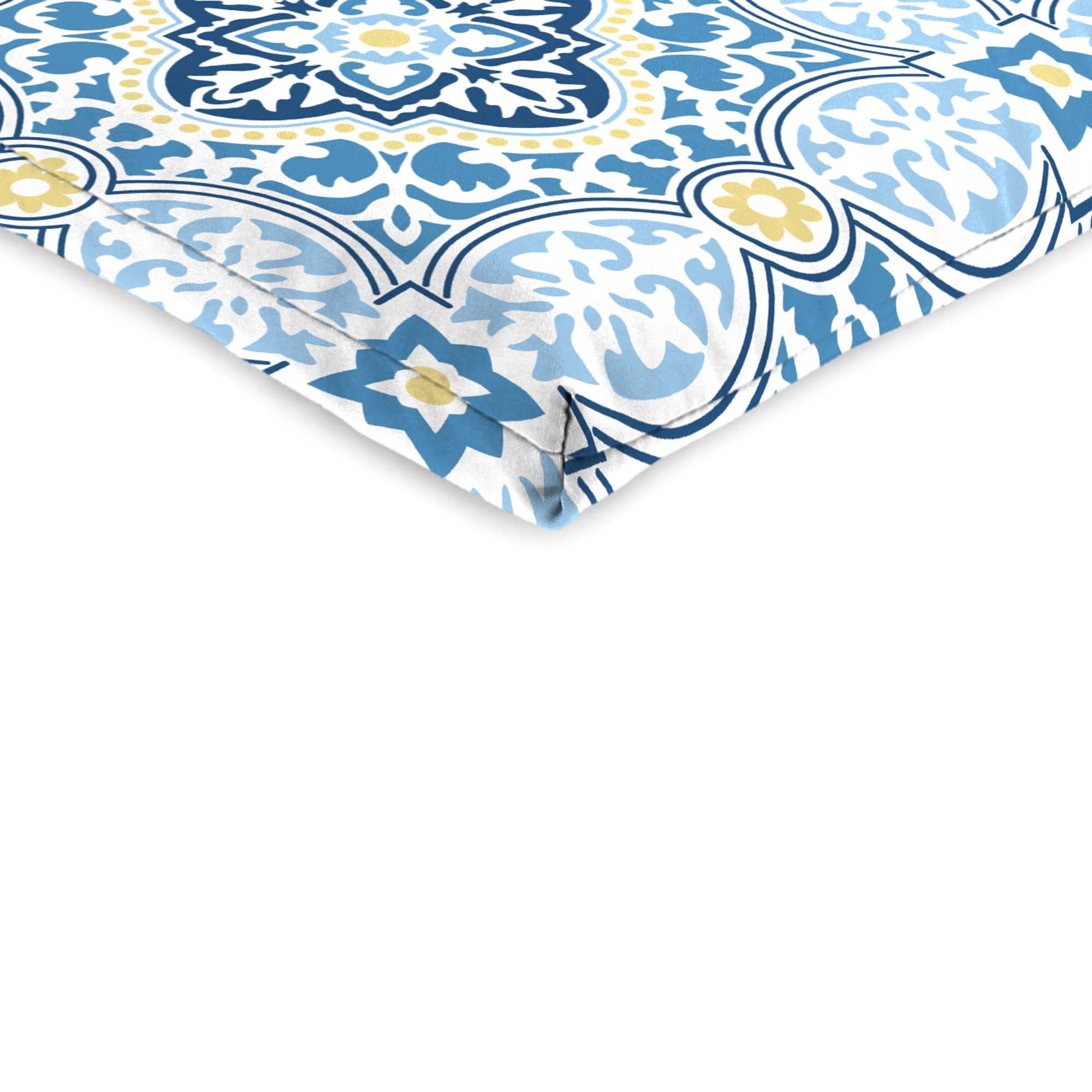 Jordan Manufacturing 44" x 21" Rave Sky Blue Quatrefoil Rectangular Outdoor Chair Cushion with Ties and Hanger Loop