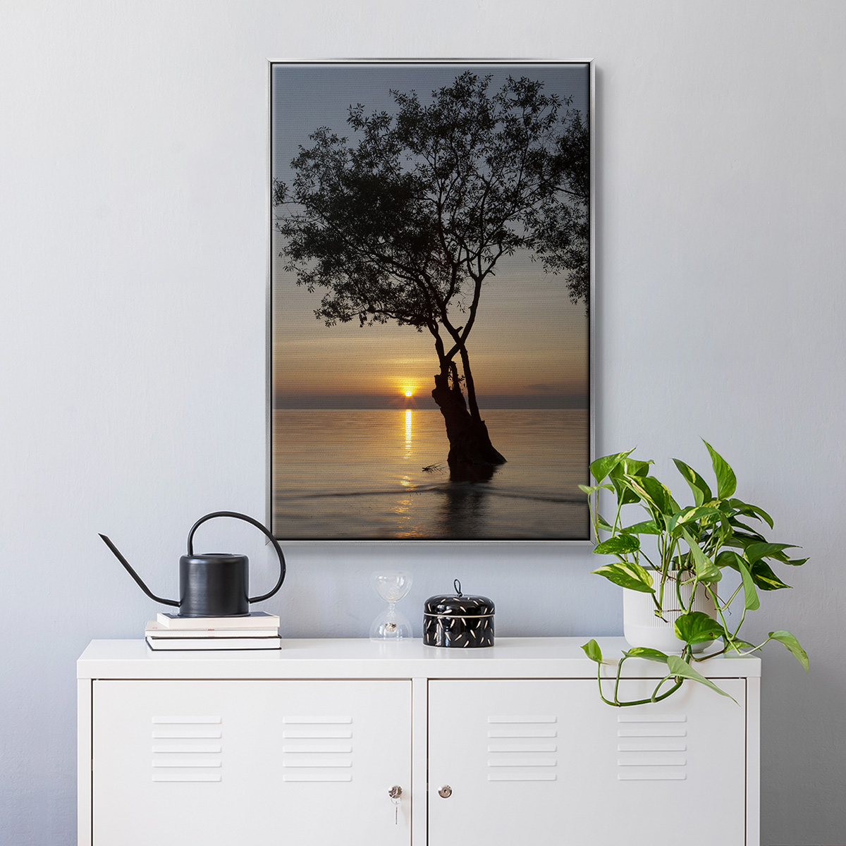 Sunset Silhouette Framed Premium Gallery Wrapped Canvas - Ready to Hang - 27 x 41 - Silver Floating Frame