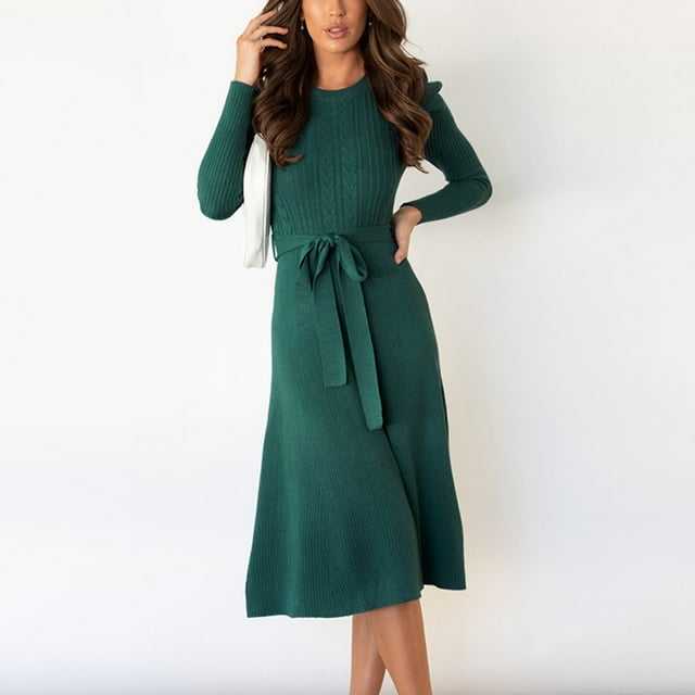 Women's Sweater Mid-Length Sweater Dress Round-neck Puffy Sleeves Solid Color Knitted Skirt