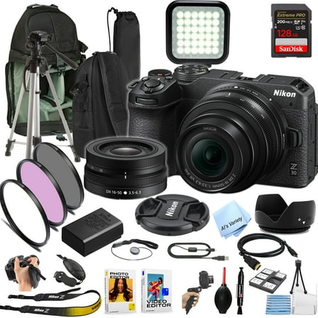 Nikon Z30 Mirrorless Digital Camera W/Nikkor Z 16-50mm Lens   128GB Extreme Memory, LED Light, Filters, Sling Case, Grip Pod, and More (Pro Photo Bundle)