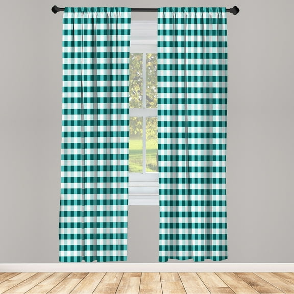Ambesonne Checkered Curtains, Gingham Check Classic Art, Pair of 28"x84", Teal White