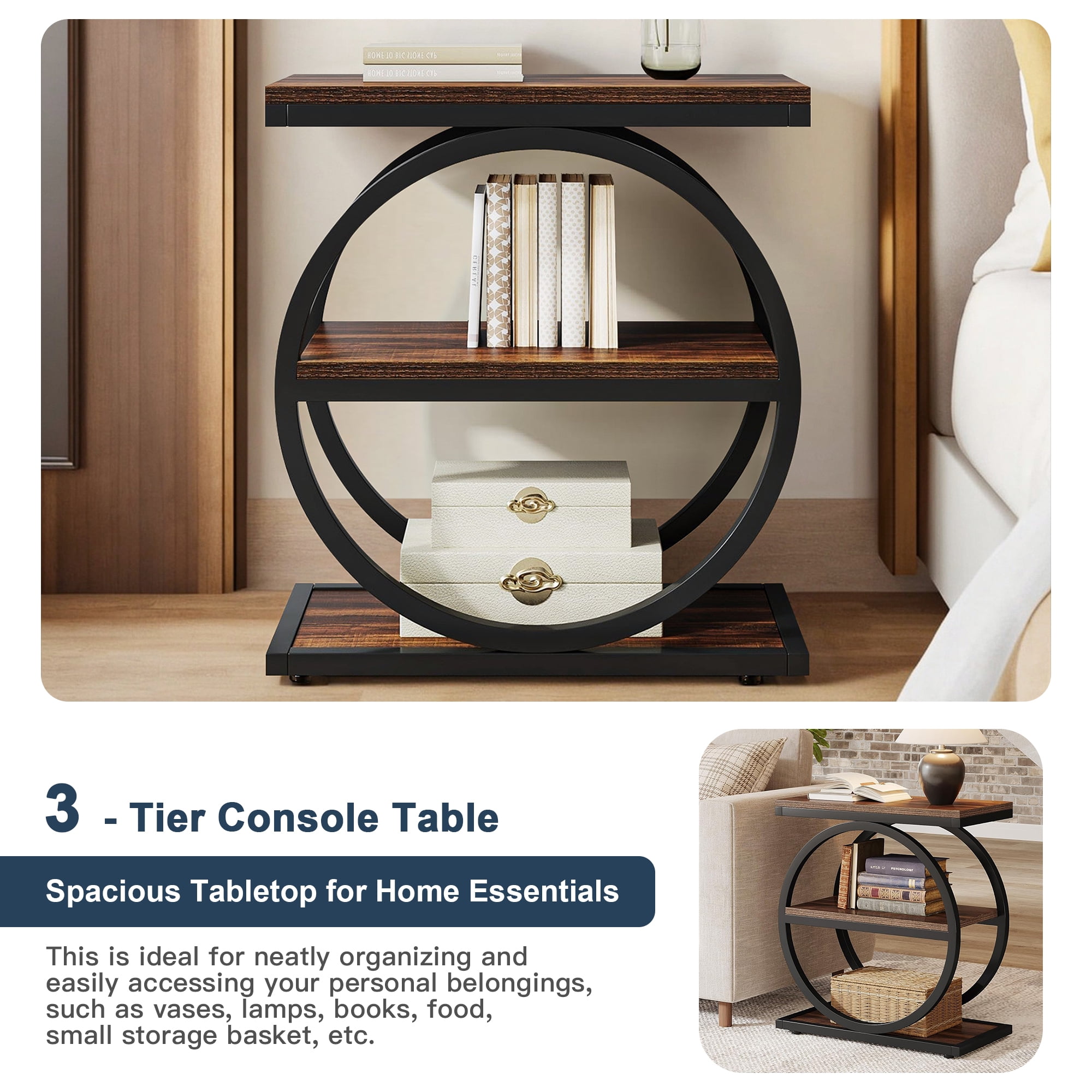 Demi Bonndustrial Console Table for Entryway, Farmhouse Sofa Tables Behind Couch, Rustic Wood and Metal Foyer Table with 3-Tier Shelves for Hallway Living Room, Brown