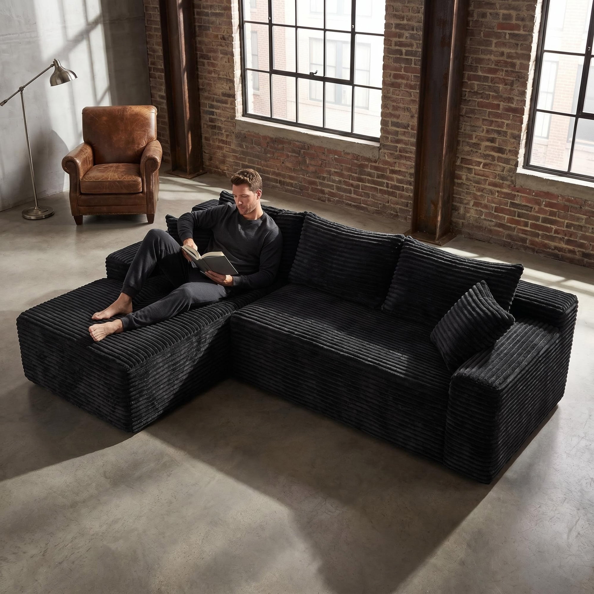 Leumius 106.3" Cloud Modular Sectional Sofa Couch with L-Shape Chaise,Modern Minimalist Upholstered Couches for Living Room Bedroom No Assembly Required Black-L