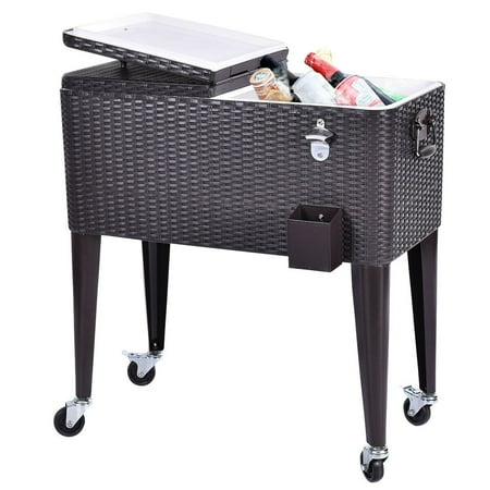 Costway Outdoor Rattan 80QT Party Portable Rolling Cooler Cart Ice Beer Beverage