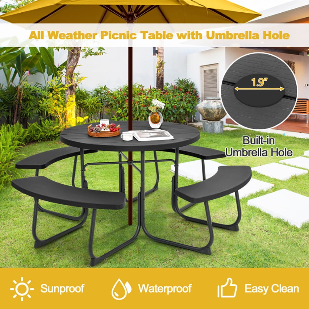 Aimee Lii 8-Person Outdoor Picnic Table and Bench Set with Umbrella Hole, Outdoor Patio Furniture Set, Black