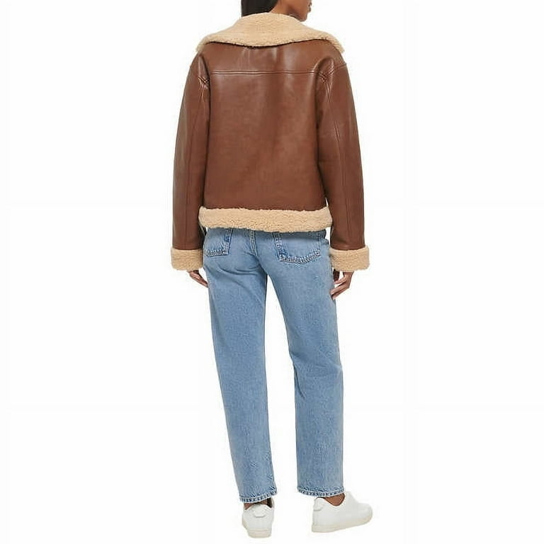 Levis Women's Sherpa Lined Faux Leather Bomber Jacket (Brown, XXL