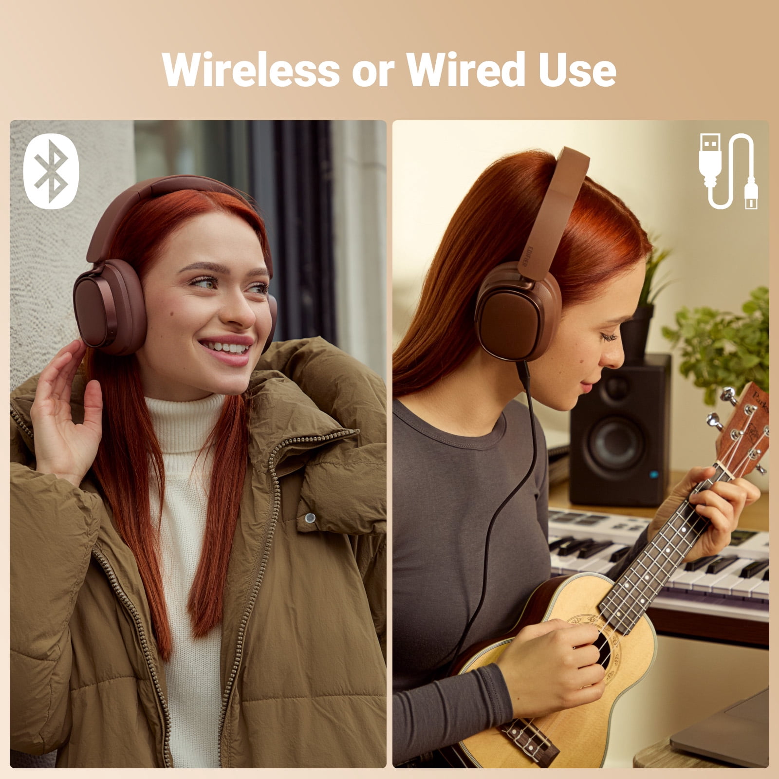 Edifier Bluetooth Active Noise Cancelling Headphones, 92H Playtime Hi-Res Audio Certified, Fast Charging - Brown