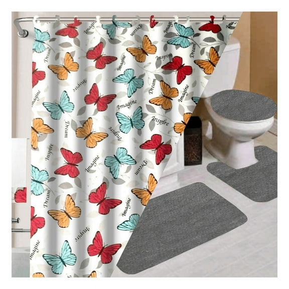 LUXURY DÉCOR BUTTERFLY CHARCOAL 16PC BATHROOM SET  STYLE INCLUDES 1 FABRIC SHOWER CURTAIN 72"X 72" 12 COVERED FABRIC HOOKS 1 BATH MAT 18"X 30" 1 CONTOUR MAT 18"X 18" 1 LID COVER 18"X 18"
