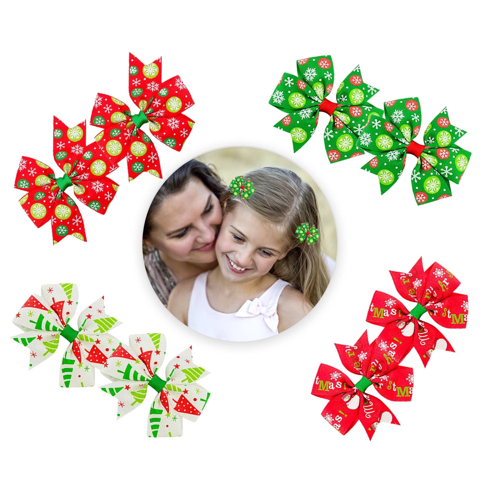 Christmas Joy 8pcs Christmas Ribbon Hair Clip 3Inch Bow Hair Pin for Baby Girls Christmas Birthday Preschool Gift for Toddler Girls Preschoolers Kindergarten Girls Snowflake