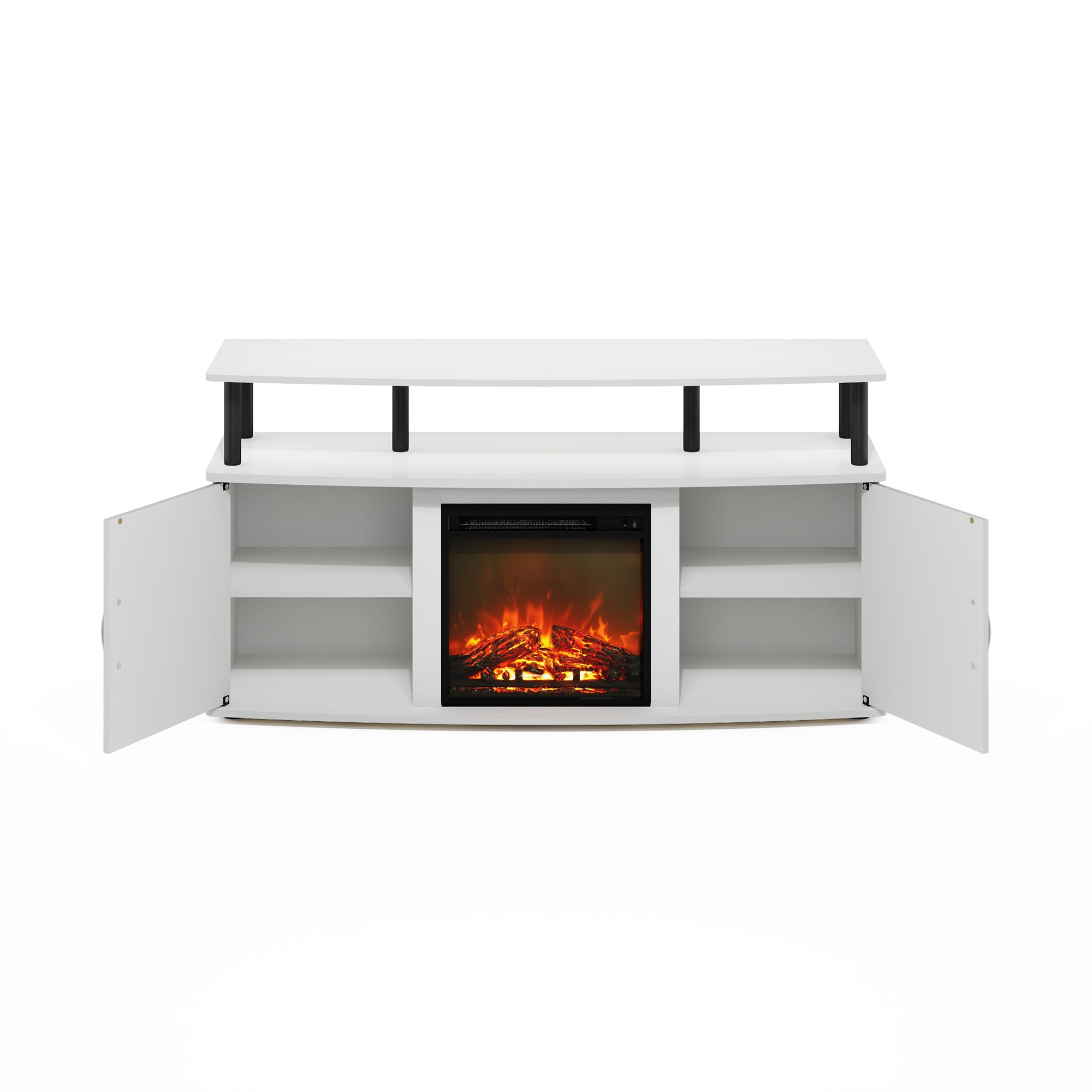 Furinno Jensen Living Room Fireplace Entertainment Center with Doors Storage Cabinet for TV up to 55 Inch, Solid White/Black