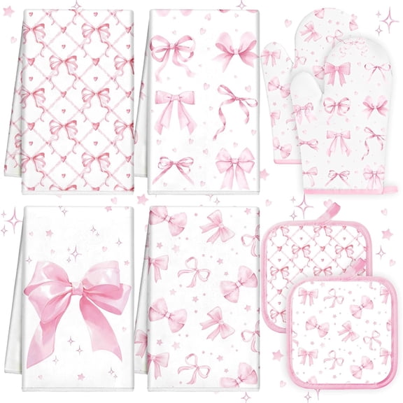 8 Pcs Pink Bows Kitchen Towels Pot Holders and Oven Mitt Set Coquette Kitchen Accessories 4 Dish Towels 2 Absorbent Square Potholders 2 Heat Resistant Glove for Cooking Baking Home Gifting