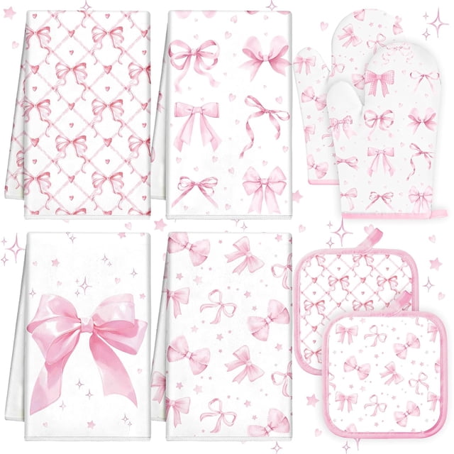 8 Pcs Pink Bows Kitchen Towels Pot Holders and Oven Mitt Set Coquette Kitchen Accessories 4 Dish Towels 2 Absorbent Square Potholders 2 Heat Resistant Glove for Cooking Baking Home Gifting