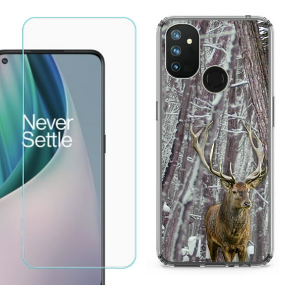 Slim-Fit Shockproof Phone Case compatible with OnePlus Nord N100, with Tempered Glass Screen Protector, by OneToughShield ® - Deer/Snow/Camo
