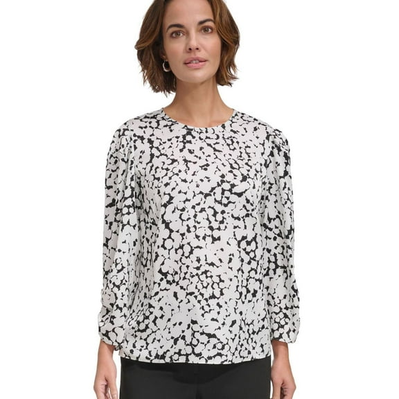 DKNY Womens Printed Pullover Blouse, White, X-Large