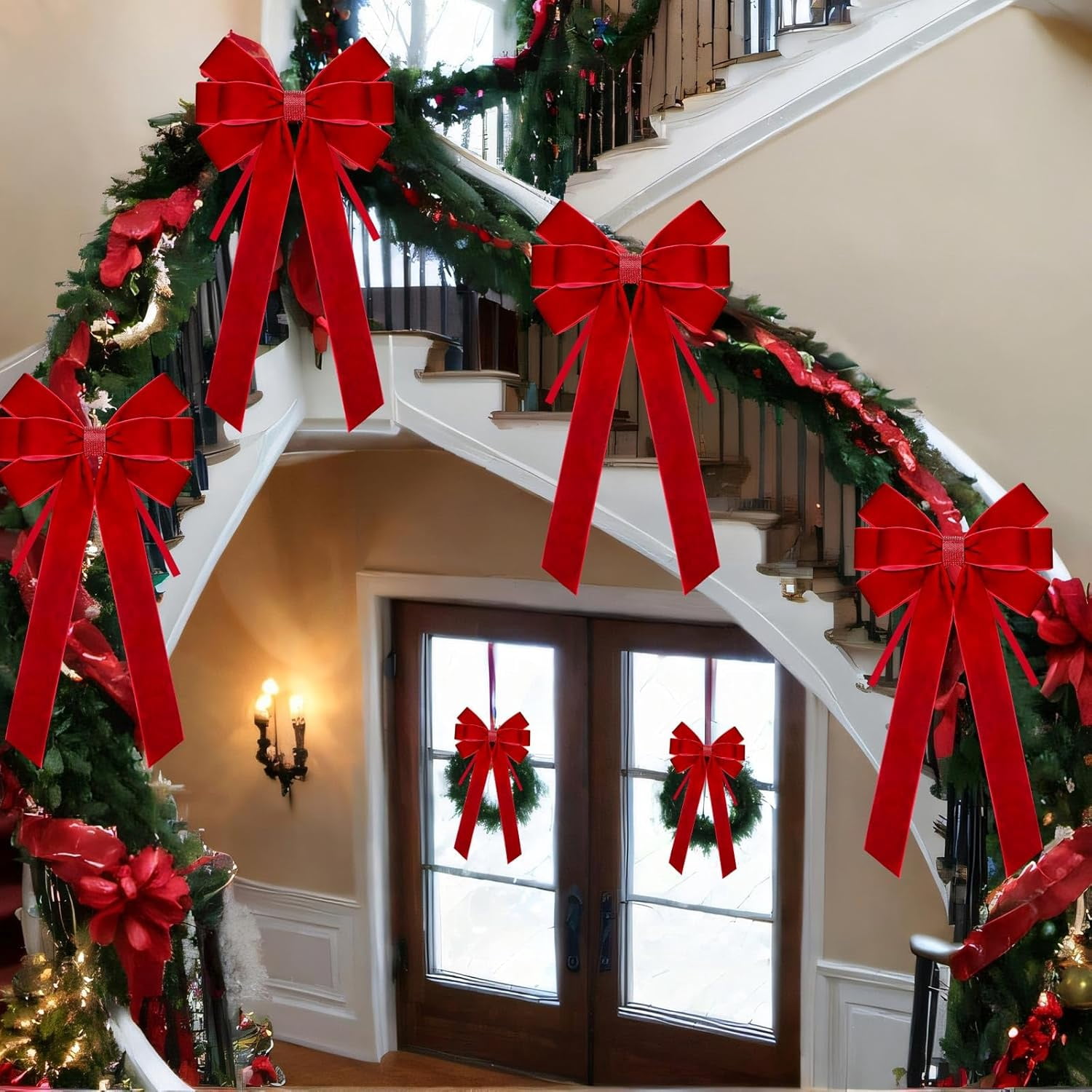 Dalrosia 6PCS Velvet Bows for Christmas Tree Large Velvet Christmas Wreath Bows with Clip Rhinestone Ribbon,Xmas Tree Topper Ornament for Home Indoor Outdoor Decoration