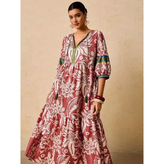 Multicolor Floral Print V-Neck Tie Front Maxi Dress With Puffed Sleeves And Tassels
