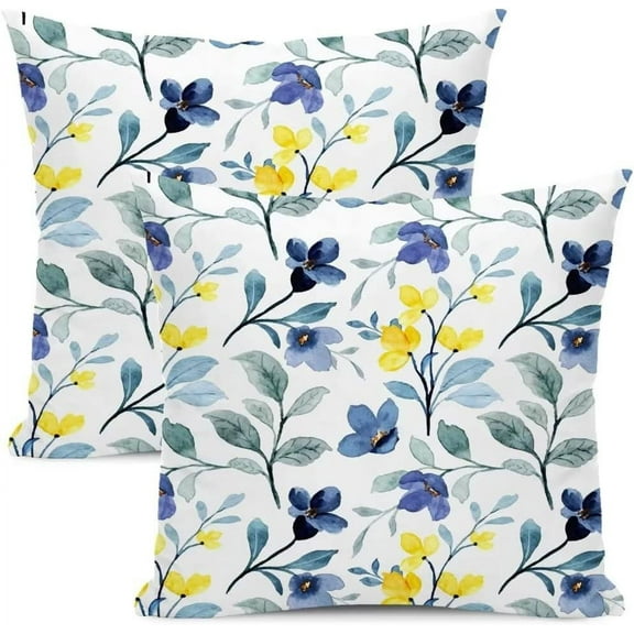 Floral Watercolor Sage Green Pillow Covers 16x16 Set of 2 Yellow and Blue Throw Pillow Cotton Square Outdoor Farmhouse Flowers Leaves Cushion Cover Decor for Home Living Room Bedroom Sofa