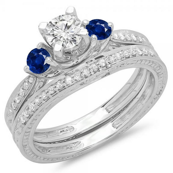 Dazzlingrock Collection 14K Blue Sapphire & White Diamond Vintage 3 Stone Bridal Engagement Ring Set, White Gold, Size 6.5