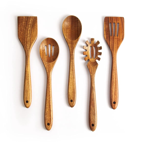 Juego de utensilios de cocina KITEISCAT, cucharas de madera de acacia, 5 piezas