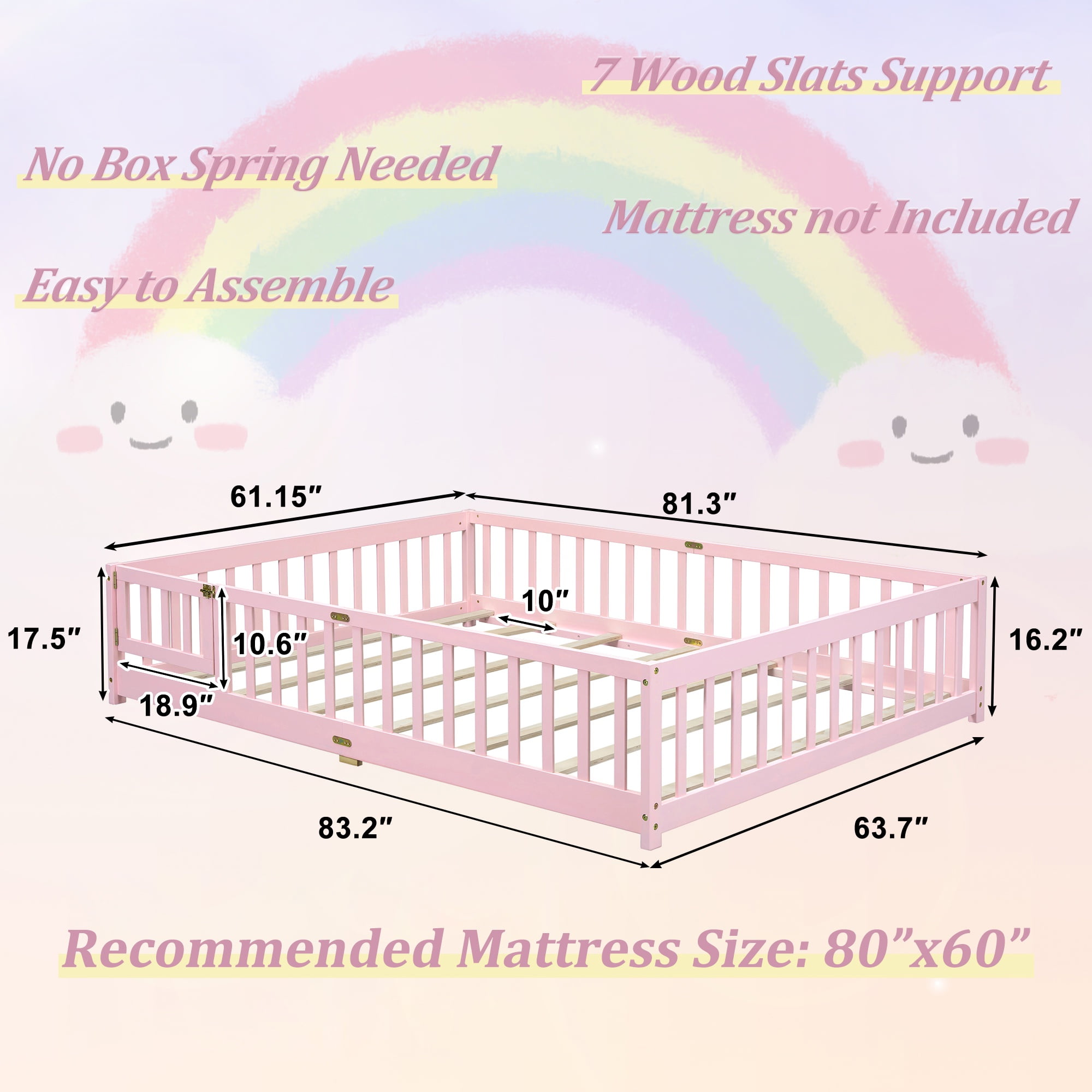 UHOMEPRO Queen Size Floor Bed with Door and Fence for Kids, Toddler Bed Montessori Floor Bed with Slats and Safety Guardrails, Solid Wood Queen Bed Frame for Girls Boys Kids Bedroom, Pink