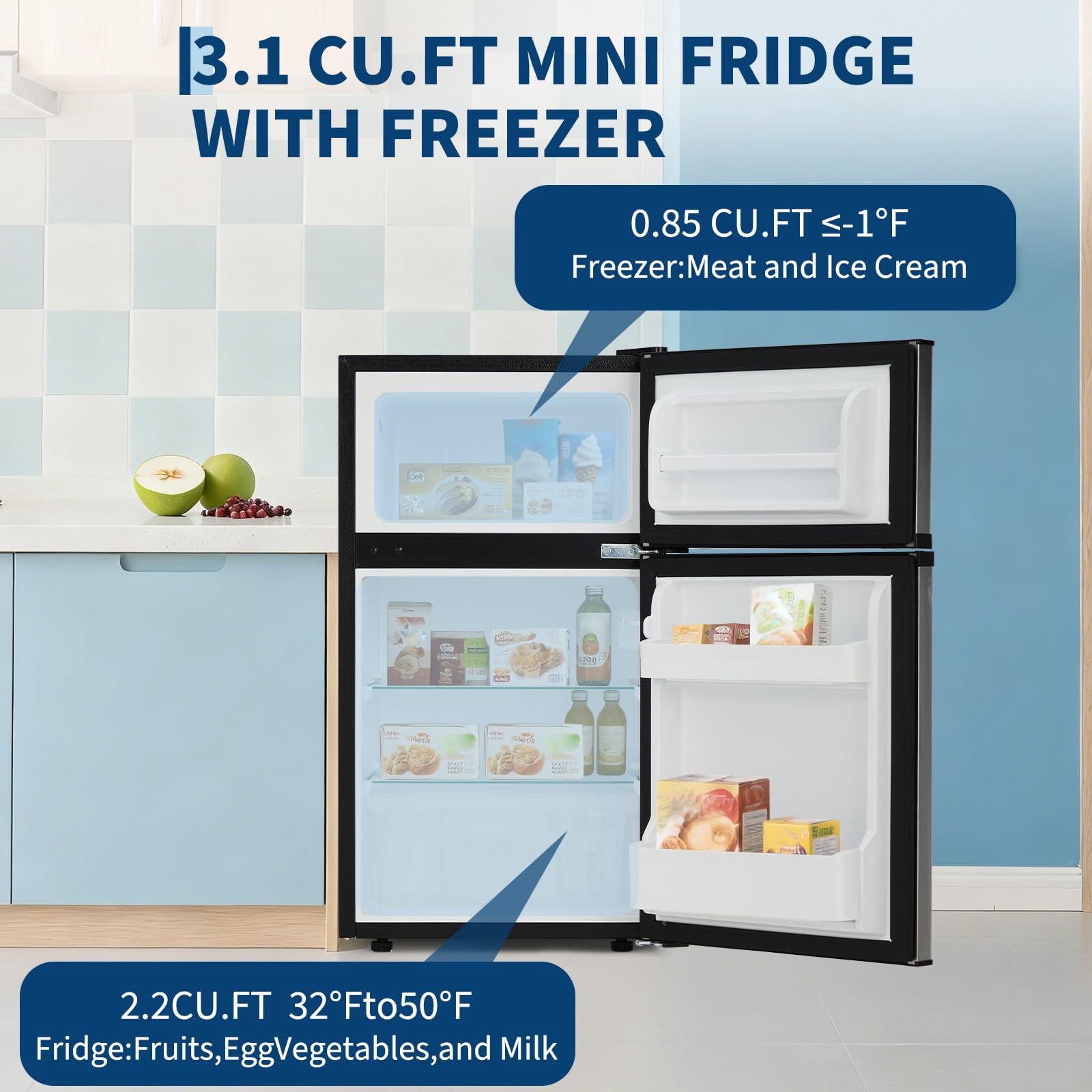 3.1cu.ft Mini Refrigerator with Adjustable Thermostat - Double Door Compact Fridge with Freezer and Removable Glass Shelves - Small Refrigerator for Bedroom Dorm Office