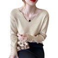 thumbnail image 3 of Suéter de punto holgado, ligero e informal de principios de otoño, color avena, talla única, cuello en V, manga larga para mujer, 3 of 8