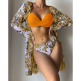 thumbnail image 1 of Traje de baño de tres piezas para mujer, cárdigan de malla con estampado de bikini dividido, 2 piezas, 1 of 4