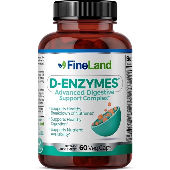 Fineland Vitamins D-ENZYMES Digestive Enzymes for Bloating, Gas, Indigestion, Vegan, Gluten-Free, 60 Count
