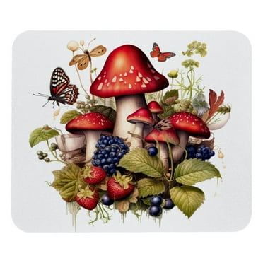 Mushroom Berries Butterfly Square Mouse Pad, Mouse Mat with Non-Slip Rubber Base, Washable Mousepad for Computer, Laptop, Office