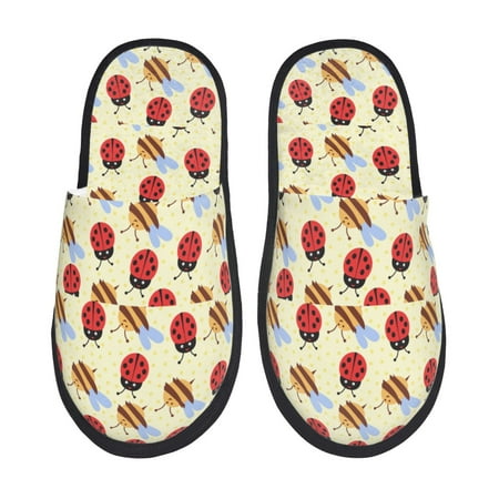 Balery Ladybug And Bee Slient Indoor Furry Fleece Comfort House Shoes Soft Non-Slip Home Shoes Cotton slippers House Slippers-- Large