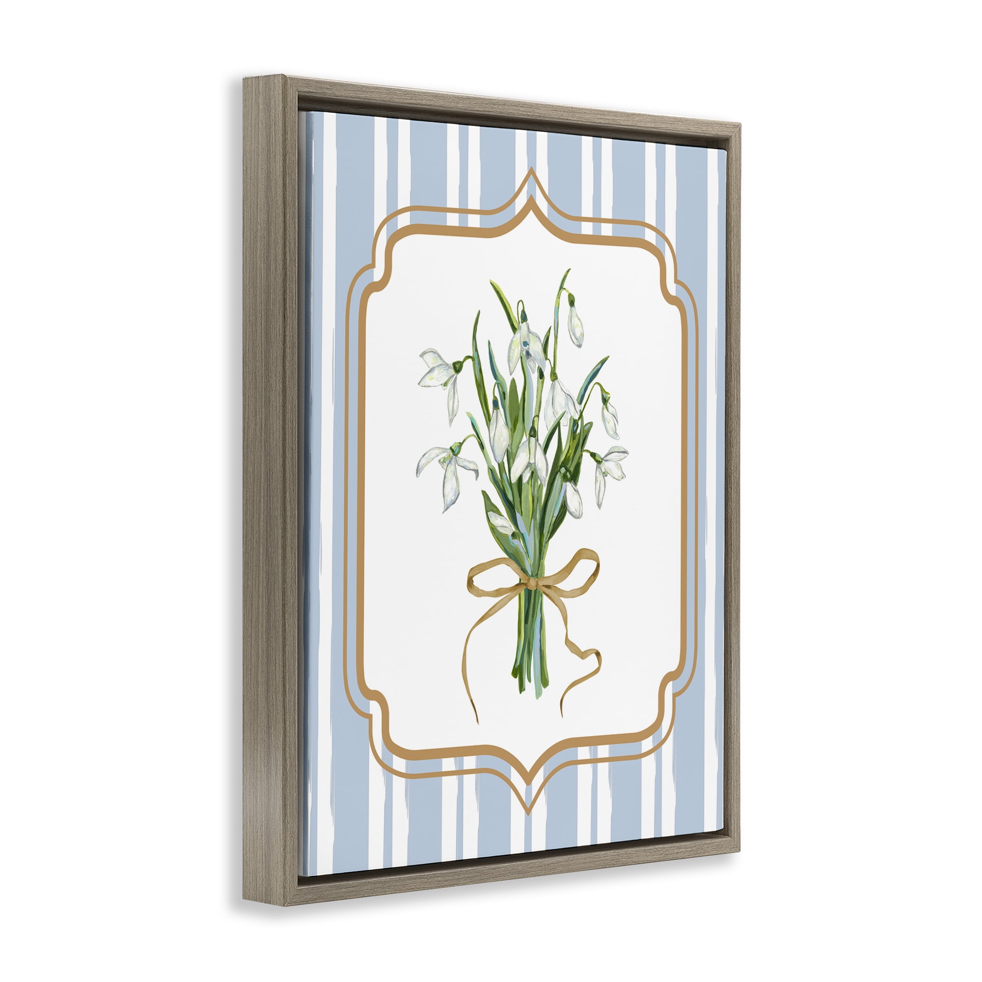 White Flower Bundle on Stripes Brown Framed Floater Canvas Wall Art, design by Adonna Ebrahimi