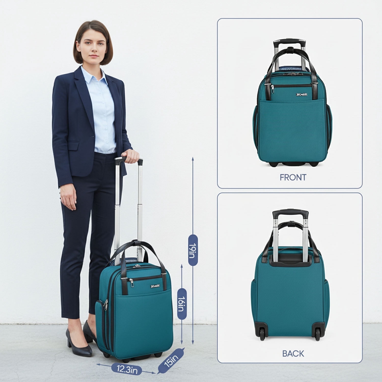 16" Underseat Carry on Luggage for Airplane, Softside Small Rolling Suitcase,Lightweight Personal Item Travel Bag, Green - XJ5011