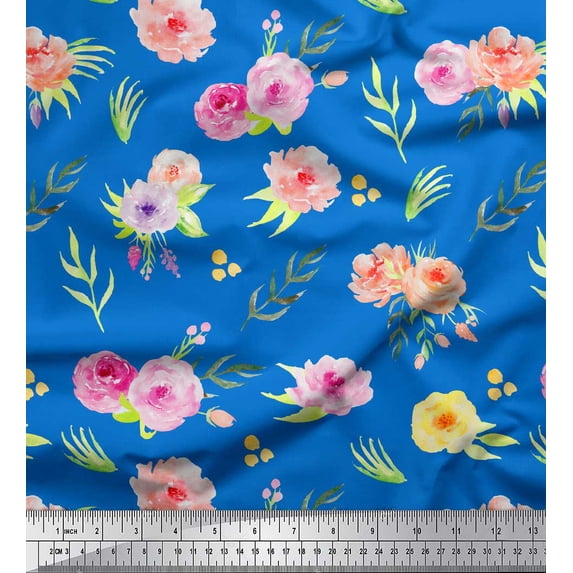 Soimoi Blue Rayon Fabric Leaves & Rose Floral Printed Fabric 1 Yard 56 Inch Wide