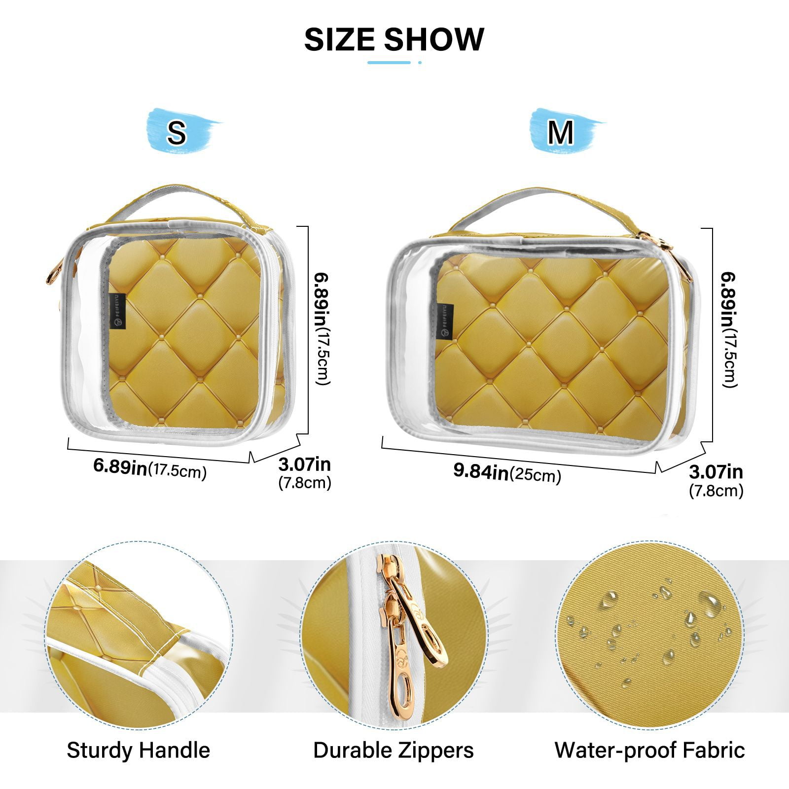 Clear Makeup Bags with Handle Large Opening 2 Pack Set Toiletry Bag Quart Size Bag, for Women Man Traveling Travel Essentials, Toiletries and Other. Yellow Grid Pattern