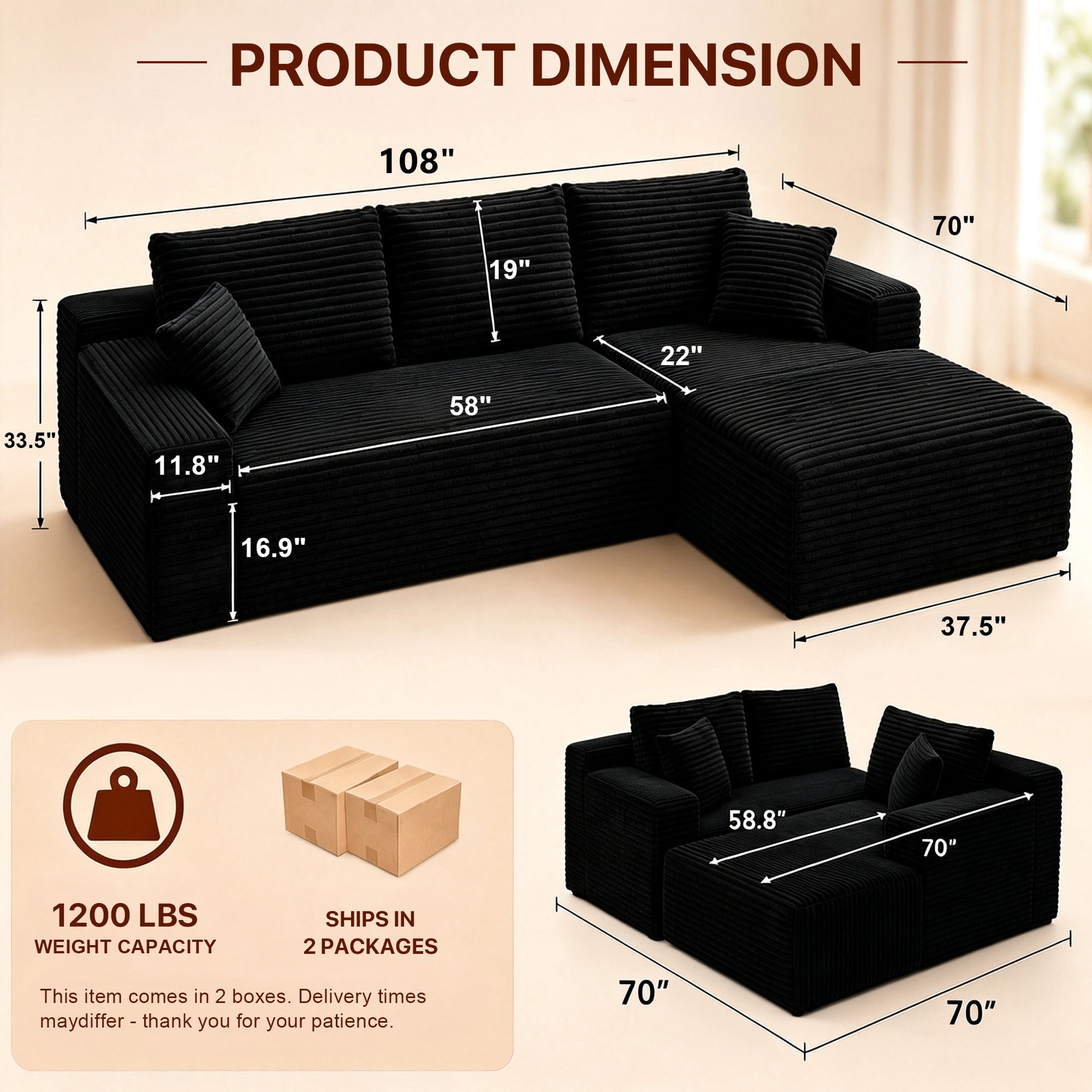 Aukfa 108" Cloud Sectional Sofa Deep Seat Boneless Couch Modular L-Shaped Couch, Rihgt Chaise Corduroy Sofa for Living Room, Black